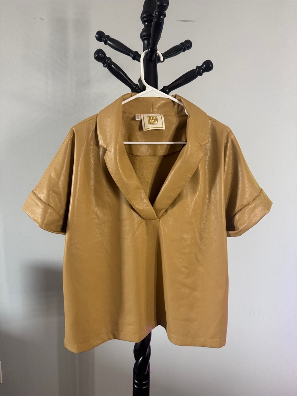Faux Leather Short Sleeve V-Neck Top in Camel